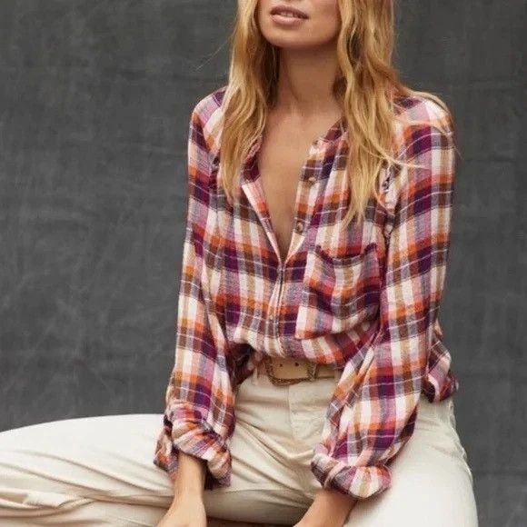 Pilcro Tops - Anthropologie Pilcro Sz S Breezy Button Down Blouse Ruffle Plaid Boho Cottage